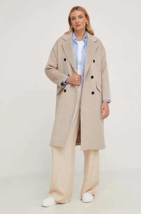 Answear Lab płaszcz z wełną kolor beżowy przejściowy oversize