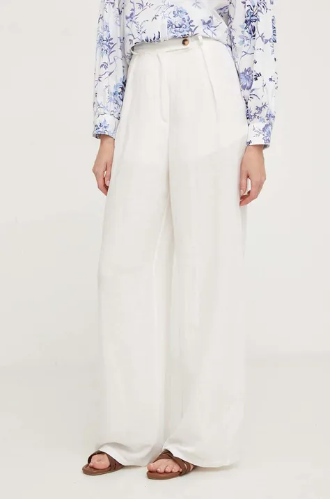 Kalhoty s lněnou směsí Answear Lab bílá barva, široké, high waist