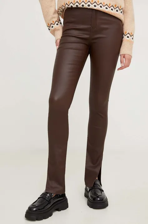 Nohavice Answear Lab dámske, hnedá farba, priliehavé, vysoký pás