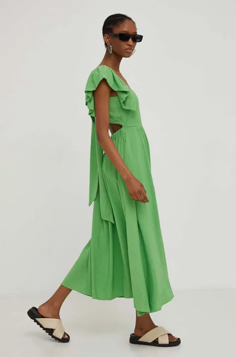 Answear Lab sukienka z lnem kolor zielony midi rozkloszowana