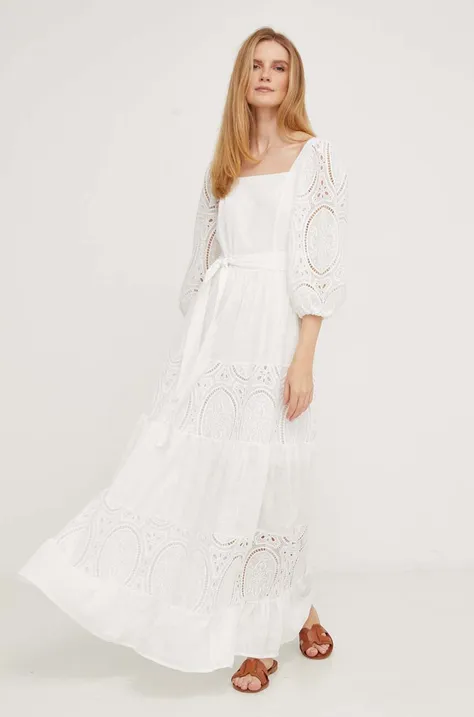 Answear Lab sukienka z lnem kolor biały maxi rozkloszowana