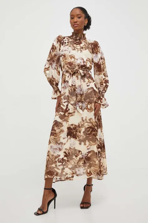 Answear Lab sukienka kolor beżowy midi rozkloszowana