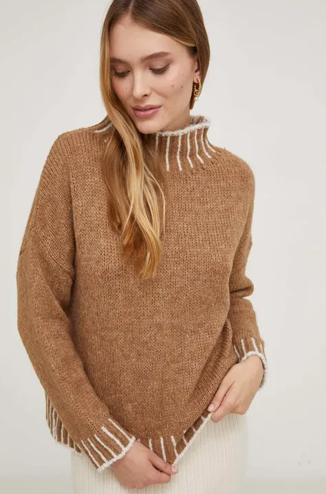 Answear Lab sweter z wełną kolor brązowy z półgolfem