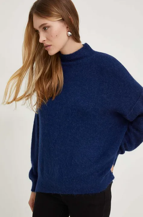 Answear Lab sweter wełniany damski kolor niebieski z półgolfem