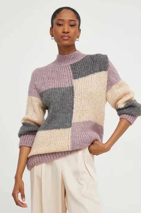 Answear Lab sweter z wełną kolor fioletowy lekki z półgolfem