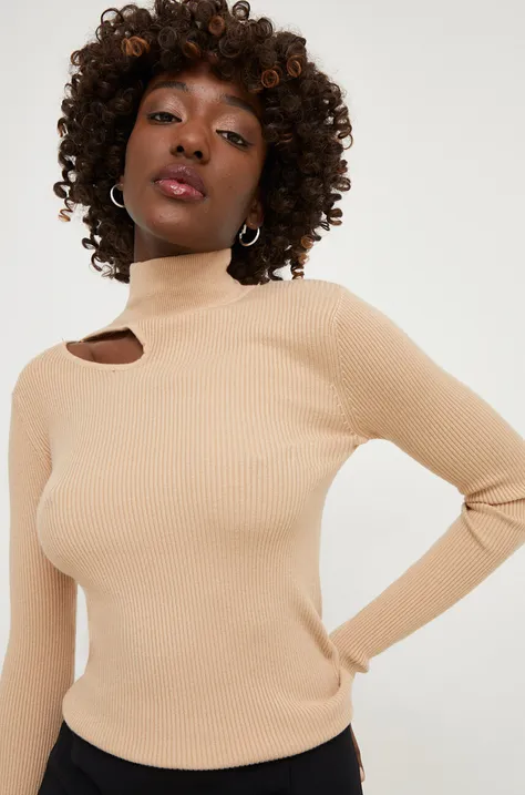Answear Lab pulóver könnyű, női, barna, félgarbó nyakú