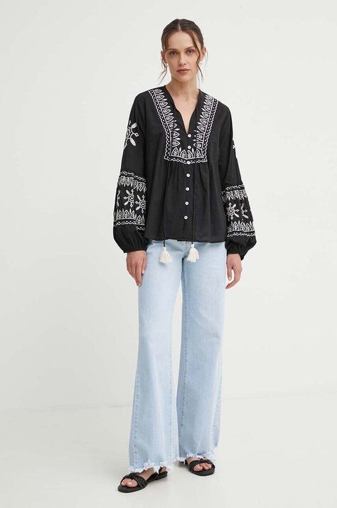 Answear Lab bluza din in culoarea negru, cu imprimeu