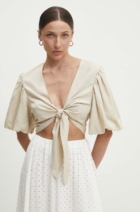 Answear Lab bluza din in culoarea bej, neted