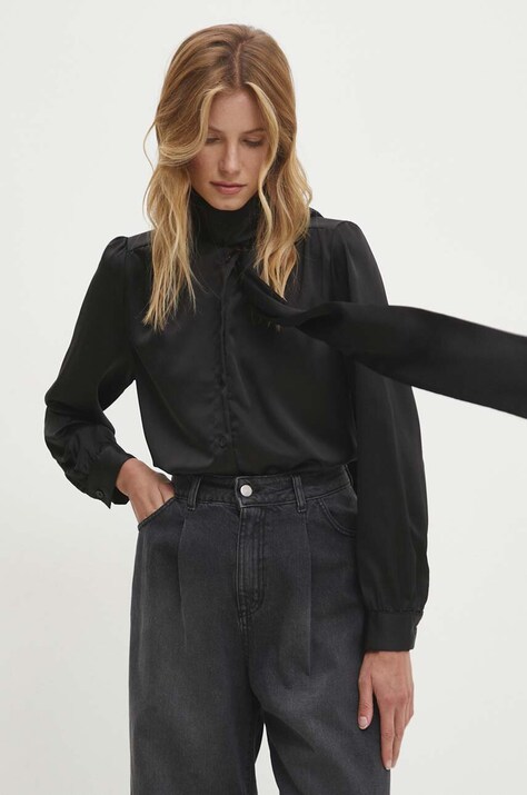 Answear.LAB koszula damska kolor czarny regular z wiązanym dekoltem
