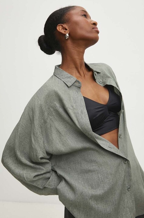 Риза с лен Answear Lab в зелено със свободна кройка с класическа яка