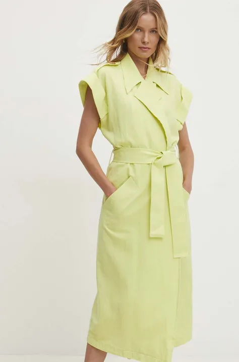 Ľanové šaty Answear Lab zelená farba, midi, oversize
