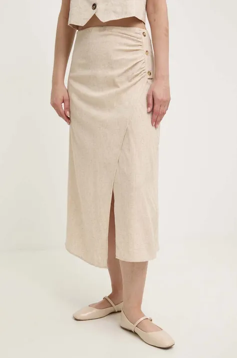 Ľanová sukňa Answear Lab béžová farba, midi, áčkový strih
