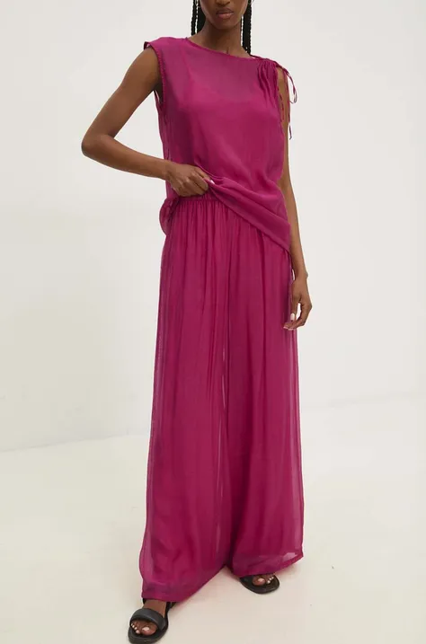 Ľanové nohavice Answear Lab ružová farba, široké, vysoký pás