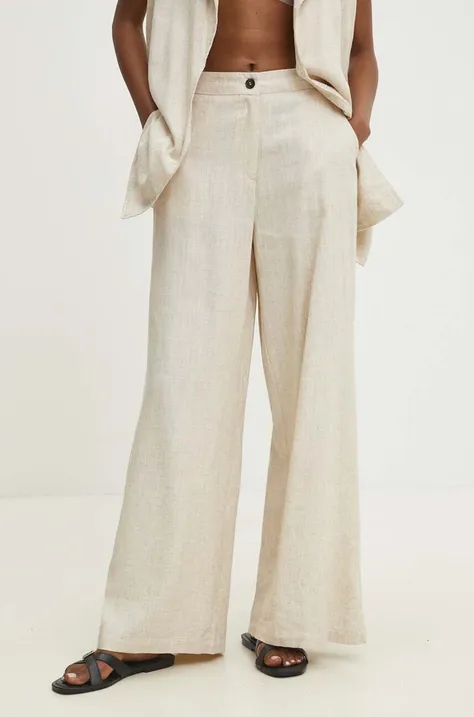 Ľanová sukňa Answear Lab béžová farba, široké, vysoký pás