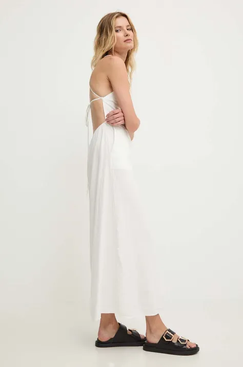 Answear Lab sukienka lniana kolor biały midi rozkloszowana