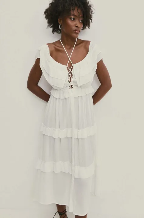 Answear Lab sukienka kolor biały midi rozkloszowana