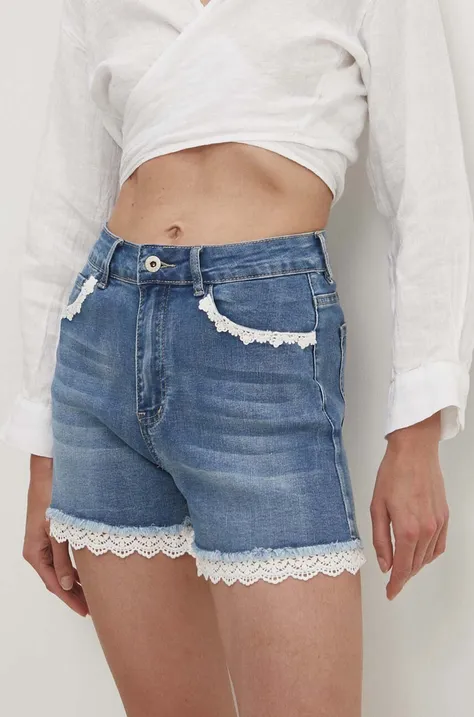 Answear Lab pantaloni scurti jeans femei, cu imprimeu, high waist