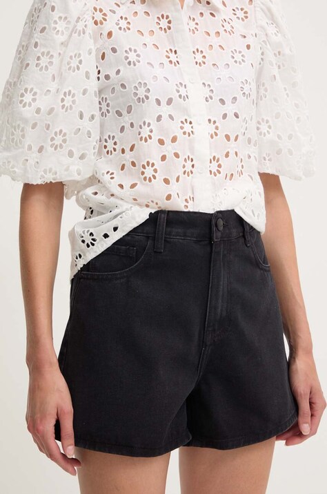 Answear Lab pantaloni scurti jeans femei, culoarea negru, neted, high waist