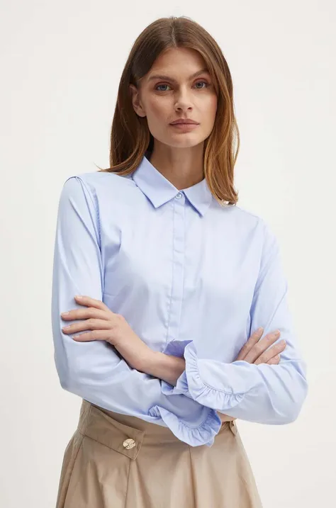 Риза Mos Mosh дамска в синьо със стандартна кройка с класическа яка