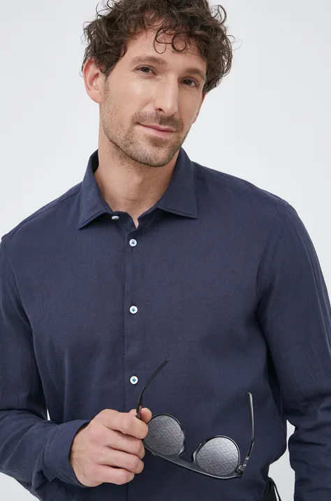 Ľanová košeľa Manuel Ritz čierna farba, regular, s talianskym golierom