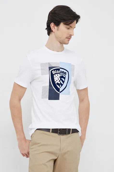Blauer t-shirt bawełniany kolor biały wzorzysty