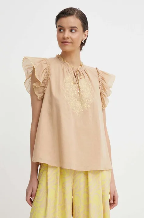 Хлопковая блузка Mos Mosh женская цвет бежевый с аппликацией