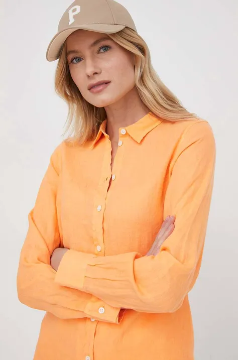 Mos Mosh koszula lniana kolor pomarańczowy regular z kołnierzykiem klasycznym