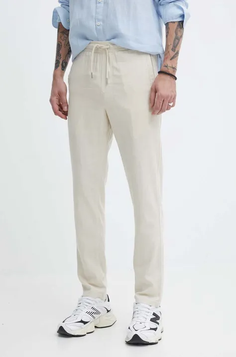 Льняні штани Solid колір бежевий пряме