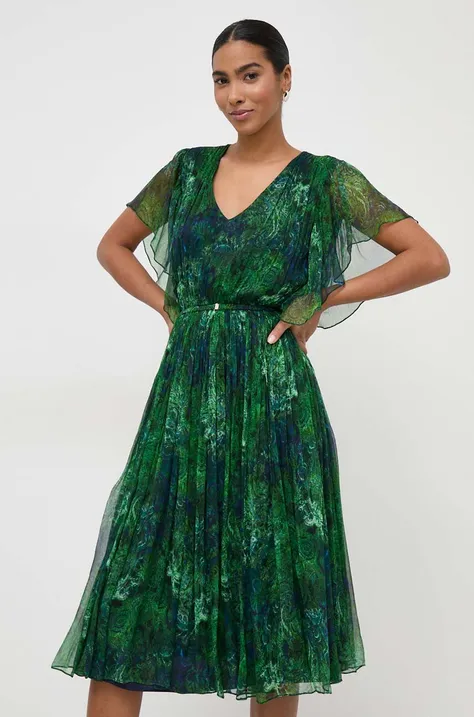 Шовкова сукня Nissa колір зелений midi розкльошена