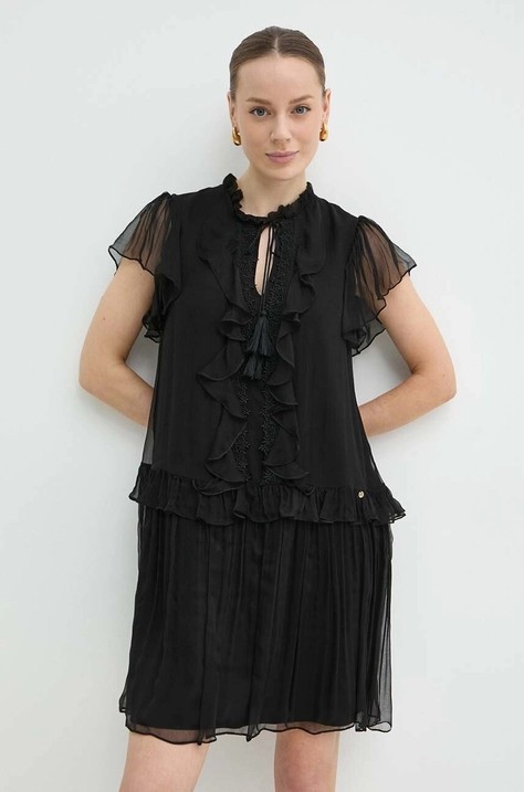 Nissa rochie de mătase culoarea negru, mini, evazați, RC14888