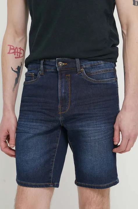 Solid pantaloni scurti jeans barbati, culoarea albastru marin
