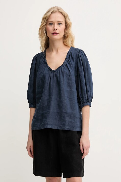 Mos Mosh bluza din in femei, culoarea albastru marin, neted, 160160