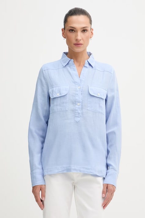 Mos Mosh bluzka koszulowa damska lniana niebieska gładka 168430