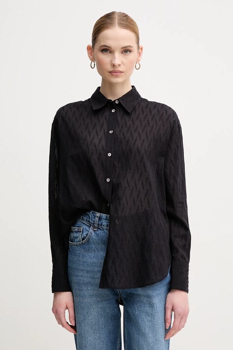 Mos Mosh camasa din bumbac femei, culoarea negru, cu guler clasic, relaxed, 168260