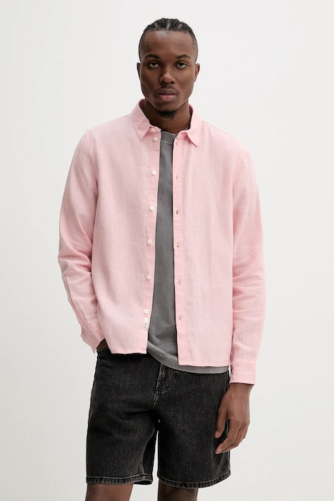 Lněná košile Solid ALLAN pánská, růžová barva, regular, s klasickým límcem, 21107646 141511