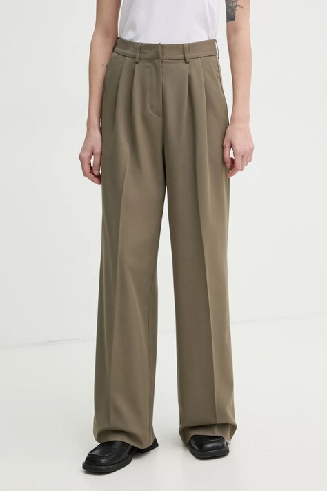 2NDDAY pantaloni Mille femei, culoarea verde, lat, high waist, 2252162151