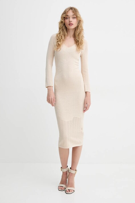 Blugirl Blumarine rochie culoarea bej, midi, mulată, RA5012.MS99E