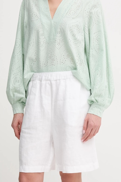 Mos Mosh pantaloni scurți din in femei, culoarea alb, uni, high waist, 168480
