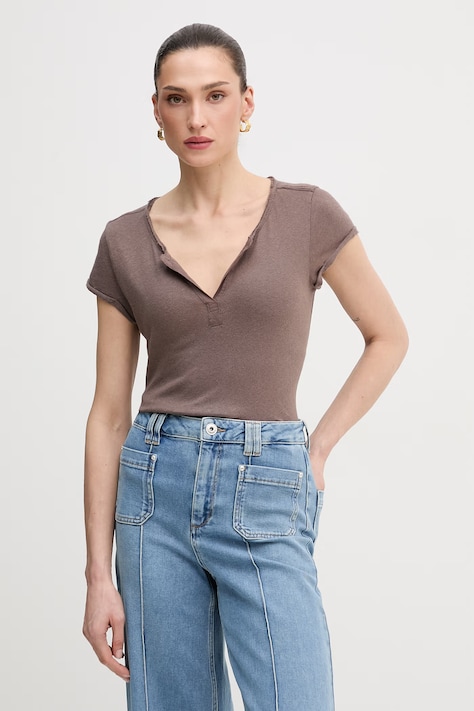 Mos Mosh t-shirt lniany kolor brązowy 117440