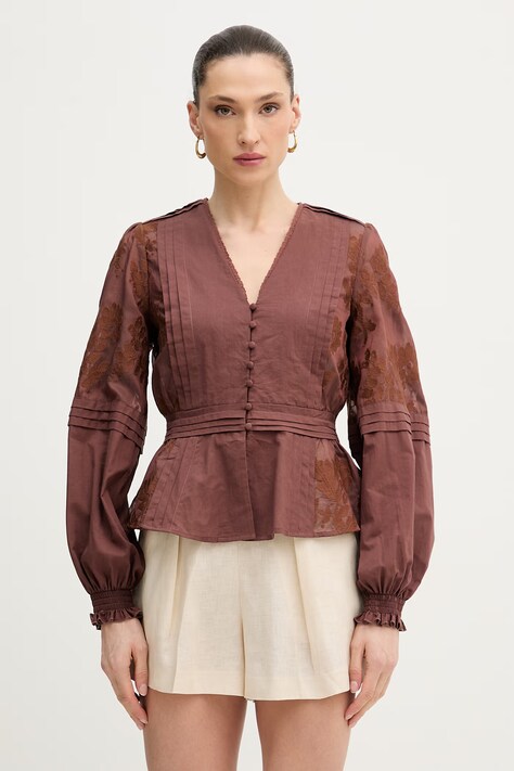 Silvian Heach bluzka koszulowa damska bawełniana AGRIN brązowa GPP26292BL