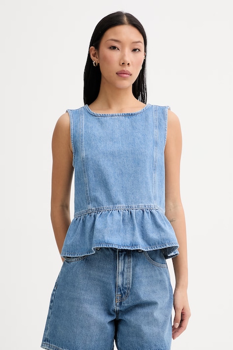 Marc O'Polo bluzka z falbanką damska jeansowa niebieska gładka 5000011021