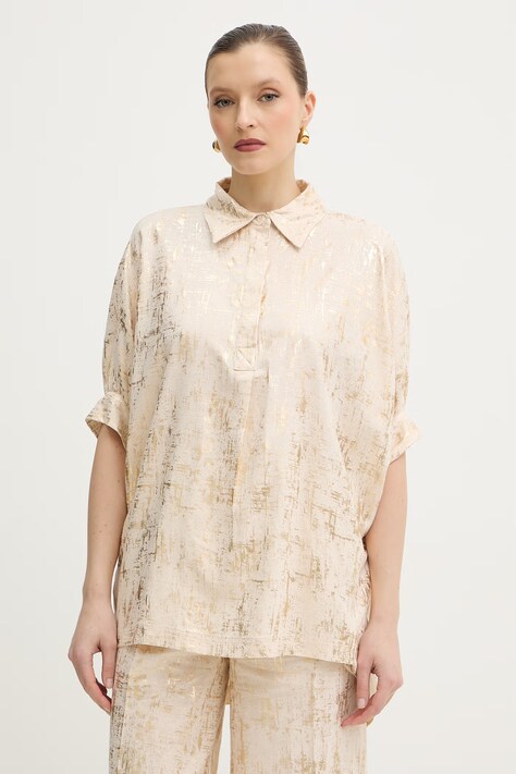 Silvian Heach bluzka z dodatkiem lnu SILIA damska kolor beżowy z nadrukiem GPP26054CA