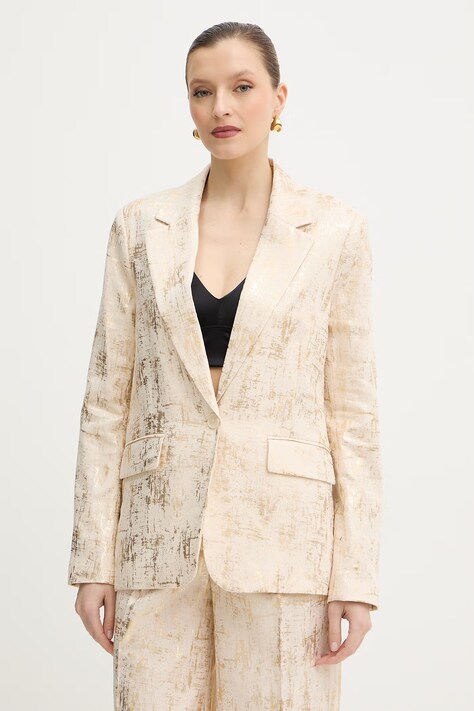 Silvian Heach marynarka z dodatkiem lnu KHUTLO kolor beżowy jednorzędowa z nadrukiem GPP26050GC