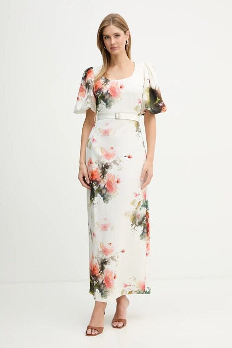 Silvian Heach sukienka z dodatkiem lnu HALCYON kolor beżowy maxi dopasowana GPP26282VE