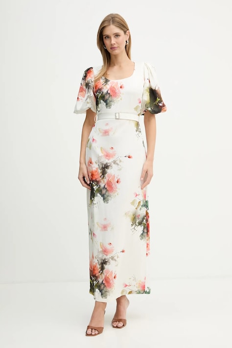 Silvian Heach sukienka z dodatkiem lnu HALCYON kolor beżowy maxi dopasowana GPP26282VE