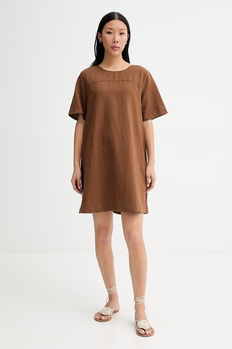 Marc O'Polo sukienka letnia z lnem brązowa gładka 5000010265