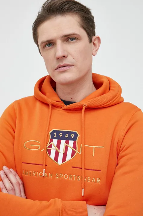 Mikina Gant pánská, oranžová barva, s kapucí, s aplikací