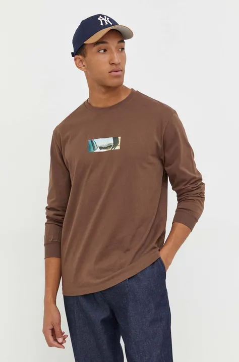 Bombažna majica z dolgimi rokavi Solid rjava barva