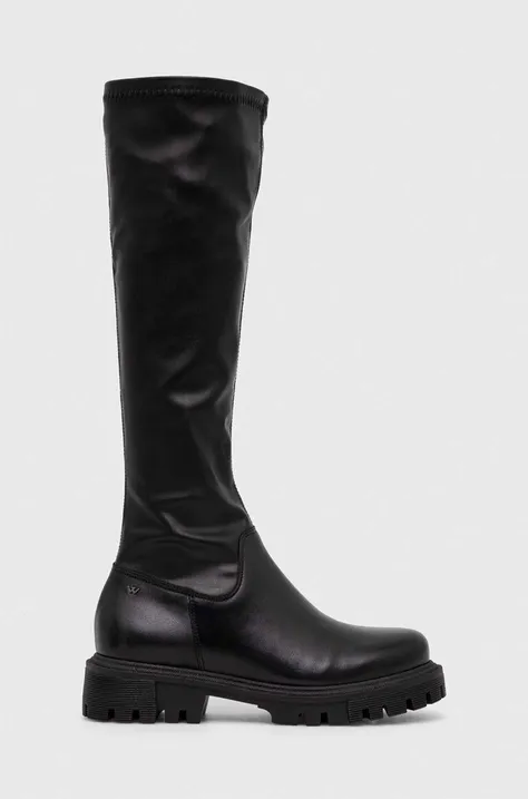 Kožne čizme Wojas za žene, boja: crna, ravni potplat, 7104981