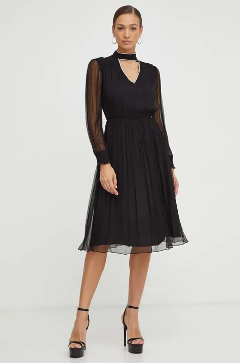 Svilena haljina Nissa boja: crna, midi, širi se prema dolje